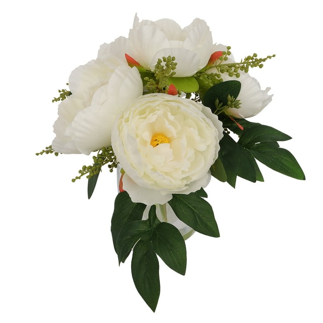 White Flowers in Clear Glass Jar, Artificial Flowers -9.5 White Flowers in Clear Glass Jar, Artificial Flowers -9.5